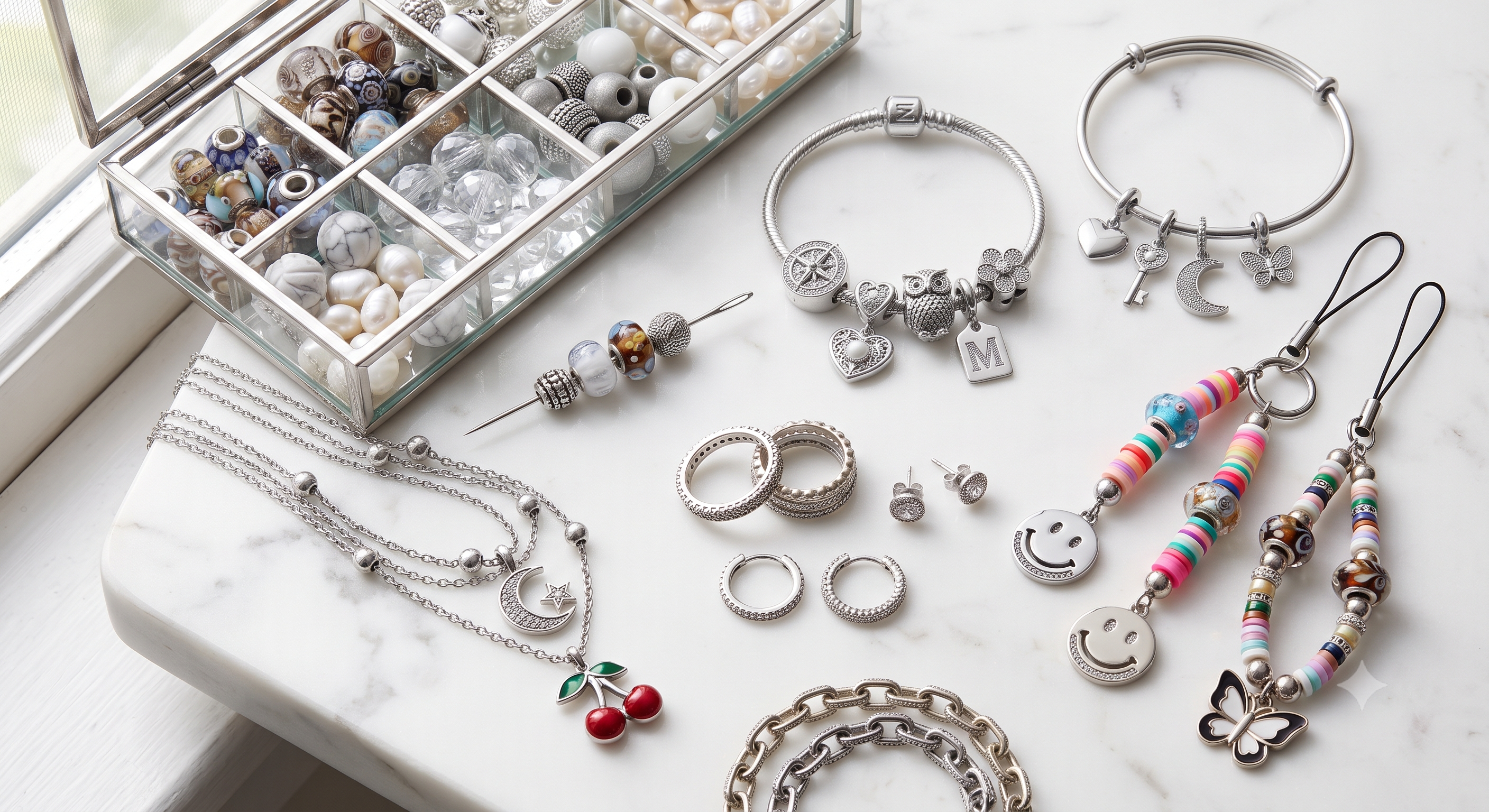 Handmade charm bracelets, hoops, pendants, key charms, and polished bead jewellery